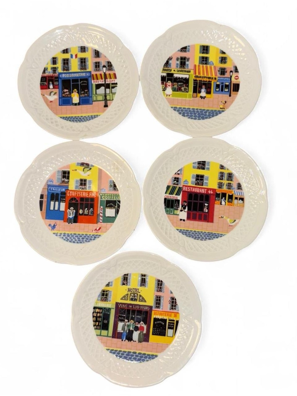 Philippe Deshoulieres Multicolor Village Shop Porcelain Salad Plates - White Rim